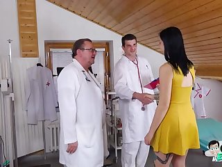 Filthy bitch Sharlotte Thorne examined and made respecting cum by 2 perverted doctors